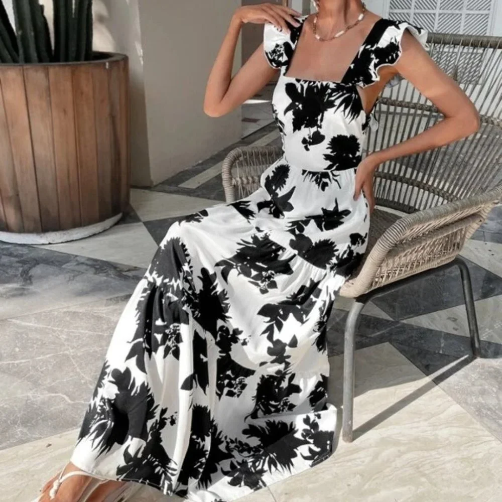 black floral butterfly sleeve ruffle hem tie back dress - Picture 3 of 8